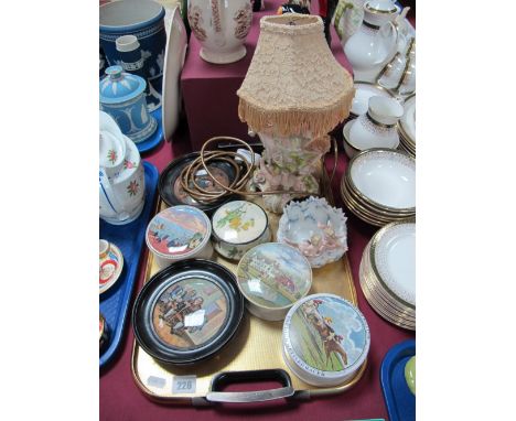 German Porcelain Table Lamp, featuring winged cherubs and encrusted foliage (damages), a similar dish, Doulton trinket jar, p