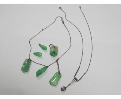 A Fine Chain, suspending three carved Jade pendants; together with a further carved Jade pendant a dainty necklace with oval 