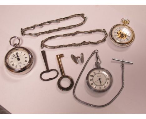 A Saxon Openface Pocketwatch, elasticated sleeve grips, modern skeleton style pocketwatch and Churchill alarm clock in the fo