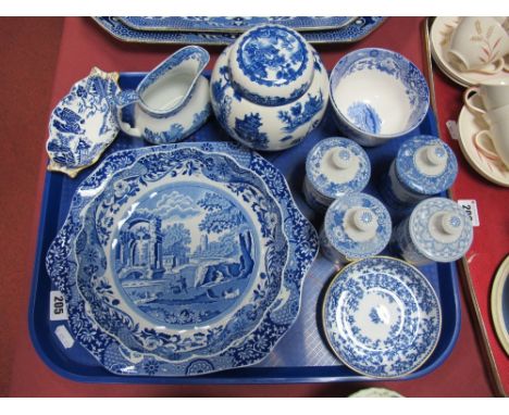 Four Spode Blue Room Kitchen Spice Jars, Italian Spode tableware, Cauldon ginger jar, Derby pin tray, etc:- One Tray