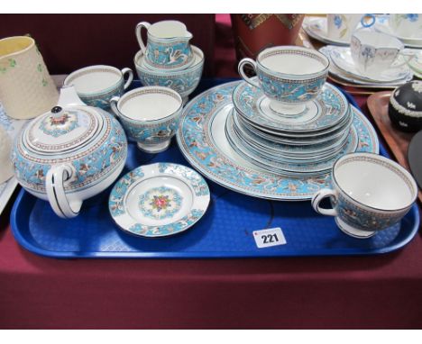 Wedgwood "Florentine" Turquoise Teapot, dinner plate, four cups, four saucers, four side plates, two others larger, sugar bow