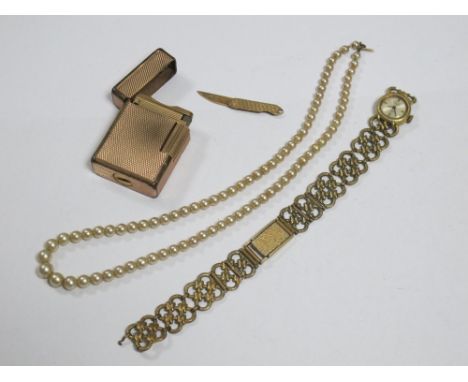 A Miniature Single Blade Folding Knife, engine turned, stamped "375"; together with a Dupont lighter, imitation pearl beads, 