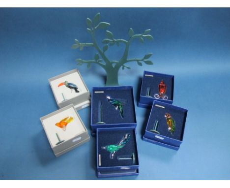 Six Swarovski Crystal Paradise Birds, Belyaka Black Diamond, Bebotto Jonquil, Baracoa Tanzanite, Banu Hyacinth, Banaba Fire O