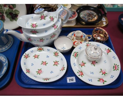 A New Hall Porcelain Teapot, Cover and Stand and Matching Plate, painted in pattern number 1225 with pink roses and blue spri