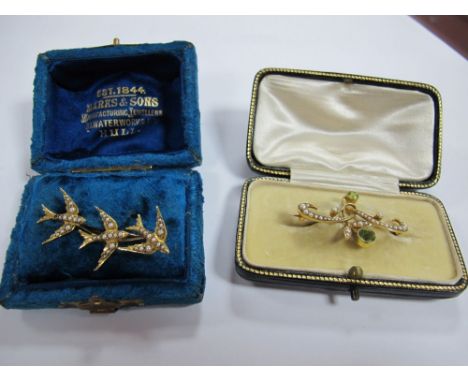 An Edwardian Pearl Set Brooch, of openwork scroll design with collet set highlights, stamped "15ct", in a fitted case; togeth