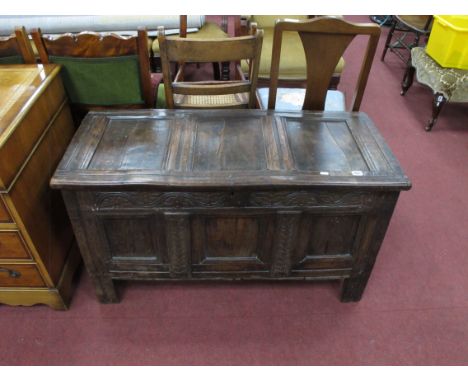 Late XVII Century Joined Oak Blanket Chest, with carving to fascia, plain three panel top, on stile feet, 108cm wide