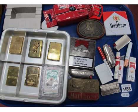 Marlborough Zippo Lighters, Marlboro cigarette case, Marlboro belt buckles;, ashtray etc:- One Tray.