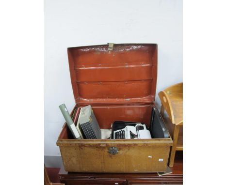 Late XIX Century Brown Painted Tin Trunk, 82cm wide, an Erika Typewriter and books including Illustrated Histories of the Sco