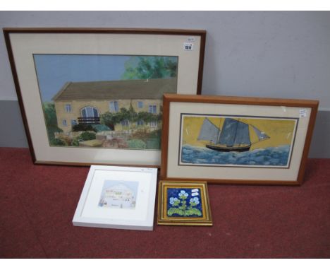 Isabel Blincow (Sheffield Artist) Woolwork picture of a cottage, signed in pencil. A Wallis watercolour, French fishing boat.