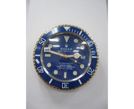 A Dealer Shop Display Working Quartz Submariner Oyster Perpetual Date Wall Clock, 34cm diameter. *This is a point of sale wal
