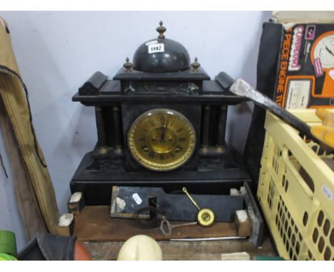 Late XIX Century Black Slate Mantle Clock, of architectural form with marble insets and metal corinthian columns, Ansonia 8 d