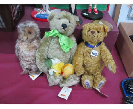 Steiff Golden Jubilee Bear, 29cm tall. Pilla Bear, both with ear stud and label; Tawny Owl 22.