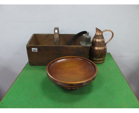 An Early XX Century Smithfield Market Manchester Tomato Trug, a copper bound oak wine pourer, a circa 1930's brass shop doorb