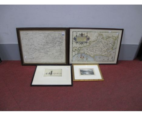 Late XIX Century Ordnance Survey Map of Sheffield, Hallam and Ecclesall, repro Saxton map of Dorsetshire, signed etching Of G