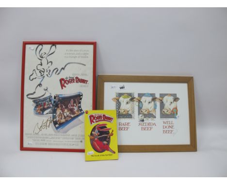 A Framed Poster of 'Who Framed Roger Rabbit' signed by Bob Hoskins, with a film novelisation of the film and a signed print b