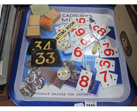 Vintage Door Signage - fifteen enamel red and white number plates, five boxes of chrome numbers and screws (10 in each box), 