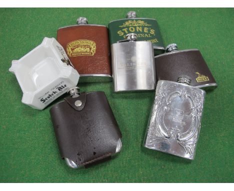 Doulton 1960's Younger For Your Scotch Ale Ashtray, 9cm square, six various hip flasks.