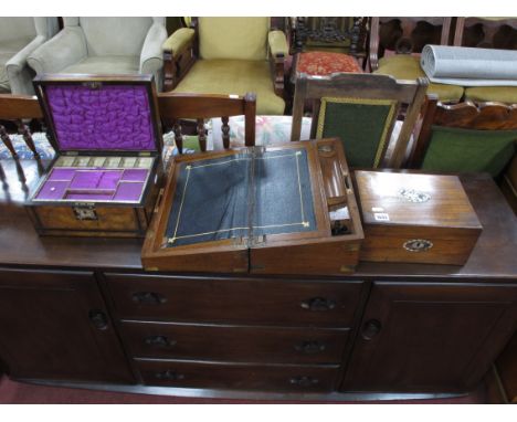 A Wooden and Brass Bound Writing Slope 40.5 x 24 x 16.5cm; two fitted jewellery boxes with mother of pearl inlay to top and c