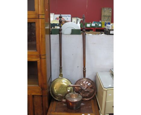 Two XIX Century Brass, Copper Warming Pans, with turned wooden handles, together with a XIX Century copper kettle. (3).