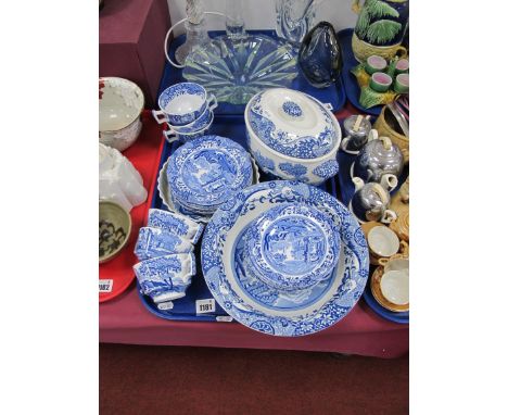 Spode Blue and White Ceramics, to include lidded tureen 26cm wide, flan dish, two deep bowls, cups and saucers, etc (22):- On