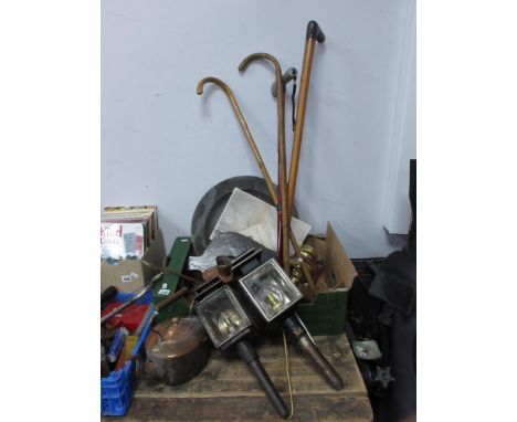 XVIII Century Pewter Dish, (damaged), XIX Century copper kettle, pair of XIX Century coaching lamps, old bellows etc plus wal