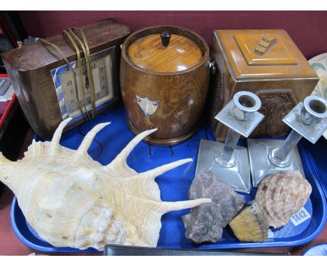 Oak Tea Barrel &amp; Cannister, Genalex clock, chrome candlesticks, shells, mineral specimens:- One Tray.