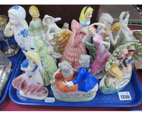 Ceramic Figurines, to include two girls sitting together marked 'Friendship', couple marked 'Unter Weiss Bach' to base,etc (1