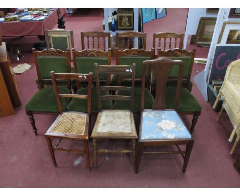 A Set of Four Early XX Century Stained Mahogany Dining Chairs, with upholstered back panel seat, on turned forefront legs; to