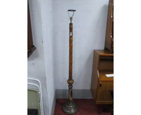 XX Century Standard Lamp, with a bobbin turned upper body, silver plated lower body, on a stepped circular base on bun feet, 
