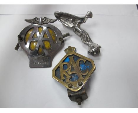 Rolls Royce Car Mascot "Spirit of Ecstasy" 12cm, stamped Rolls Royce Motors Ltd, on base, together with RAC and AA badges (3)