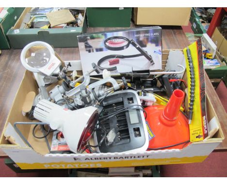 A Quantity of Tools and Electronics, to include Tacon microscope, magnifying glasses and Tronic battery charger, (untested so