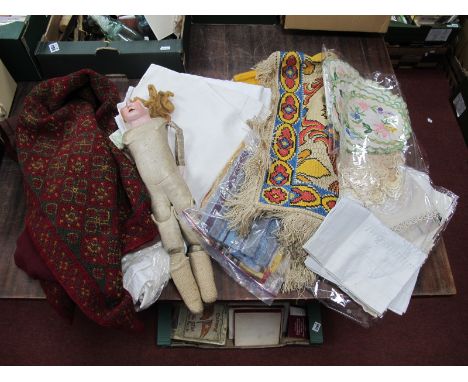 Two Embroidered Table Thick Covers, white linen, crochet work, doilies, mats, damaged doll.