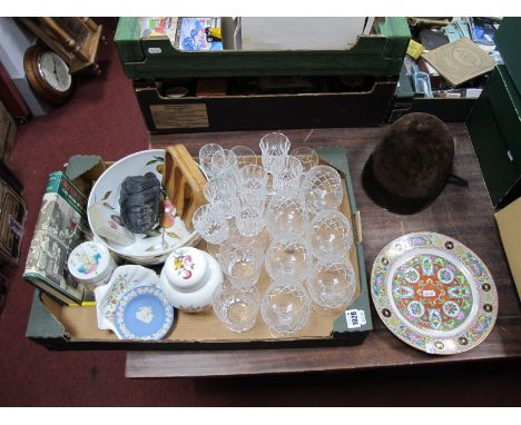 A Riding Helmet Size 6.3/4, collection of glassware, Royal Worcester Evesham bowl, Coalport ginger jar, etc:- One Box.