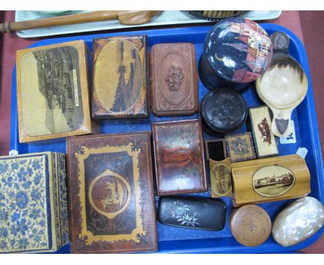 Treen Items, to include lidded boxes some with landscapes to top, including Windermere and Sidmouth, snuff boxes with mother 