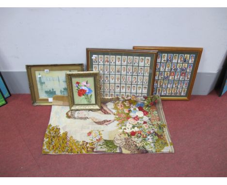 A Tapestry of a Lady and Dog, 88 x 50cm, with two framed sets of Players cigarette cards, oil on board of flowers, signed 'Be