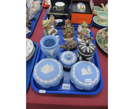 Hummel Figures, to include child with lambs and child with rabbits, various Jasperware lidded pots and vase, and a Wade torto