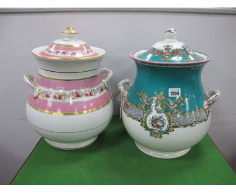 XIX Century Twin Handled Apothecary Jar-Cover, with a finial top, bulbous body with green band , floral decoration, together 