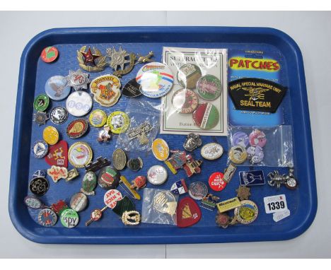 Lapel Badges - Hogwarts, Indie Disco, Sheffield Wednesday, Num Strike 84-85, Foresters, many in enamel and tin:- One Tray.