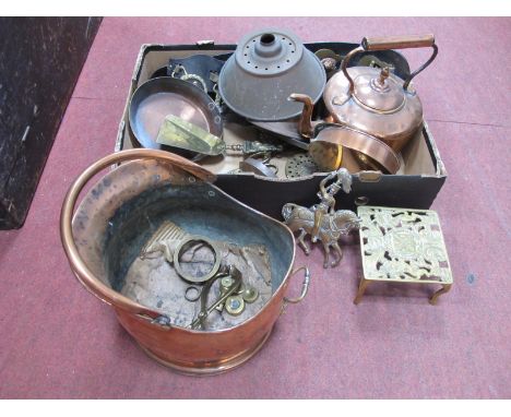 XIX Century Copper Kettle, log bucket, horse brasses, other metal ware:- One Box