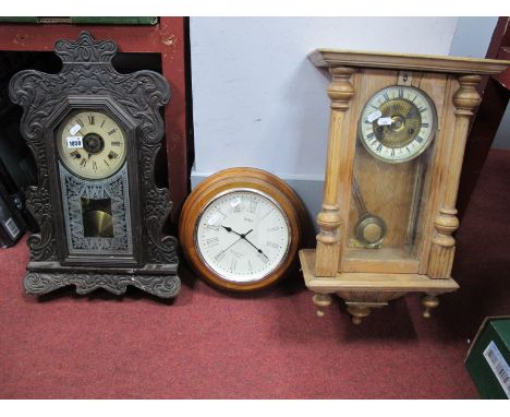 Ansonia Early XX Century Mantle Clock, with carved wooden casing, 56cm high,  stripped walnut and pine wall clock, Acctim wal