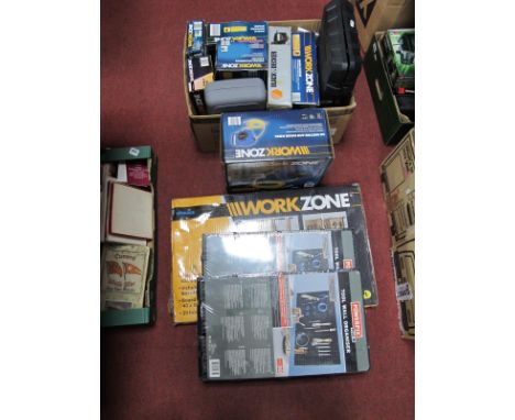 Three Boxed Tool Wall Organisers, with various power tools many by Workzone to include 800w jigsaw, angle grinder stand etc (