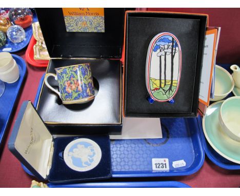 Wedgwood Clarice Cliff Collection Bonjour Sugar Shaker 'Blue Firs', in original box, William Morris boxed cups and saucer in 