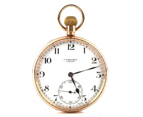 JW Benson, a gold open face pocket watch, the signed white enamel dial with Arabic numeral hour markers set within a minute t