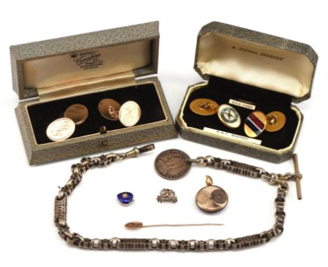 A group of gold items, including cufflinks and blue enamel hairwork locket, 20mm in diameter and a blue enamel heart charm se