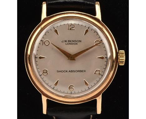 J W Benson A gentleman's Gold wristwatch the signed dial with baton and Arabic numeral hour markers, centre seconds, fitted w