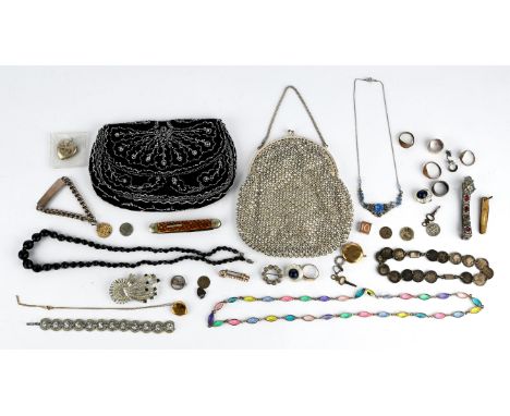 Costume jewellery including two 1920's beaded purses and pen knife, with a silver 'baby' rattle charm, silver ID bracelet wit
