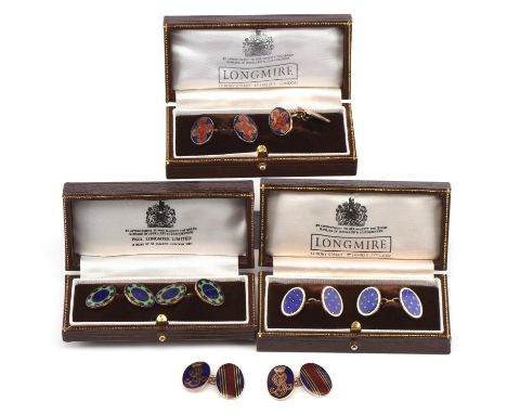 Four pairs of coloured enamel cufflinks, all stamped silver PL for Paul Longmire with display boxes. Condition Report:  silve