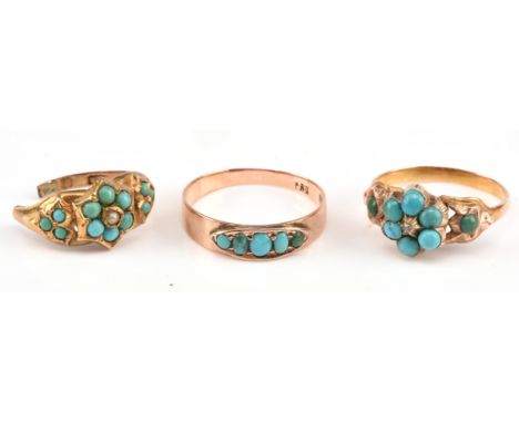 Early 20th century turquoise rings, including a rose cut diamond and turquoise floral design ring, tested as 9 ct, size K 1/2