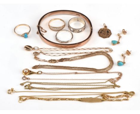 A group of jewellery items, including an ID bracelet on a fancy link chain, with spring clip clasp, stamped 18 ct, with a tea