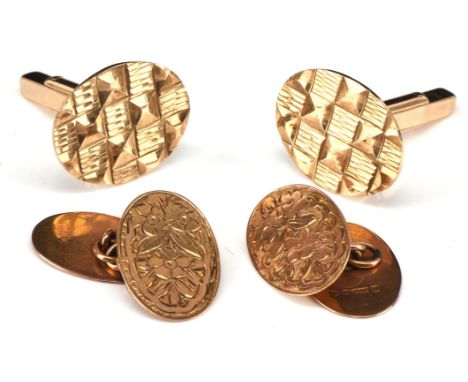 Two pairs of cufflinks, including a pair of oval cufflinks with engraved with floral decoration, hallmarked 9 ct Chester 1904